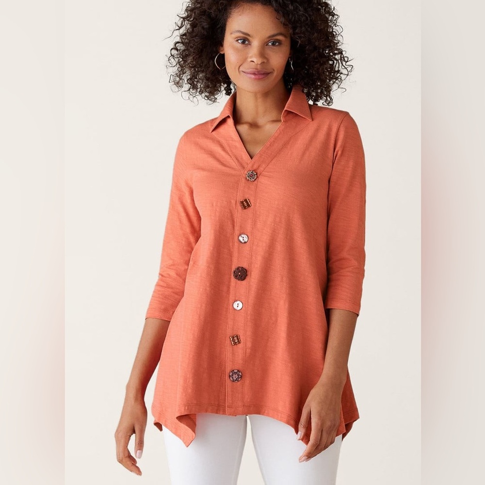 Soft Surroundings 100% Cotton Danielle Button 3/4 Sleeve Tunic Large